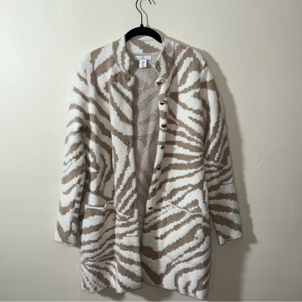 Halston Heritage Tan and White Teddy Jacket Cozy Chic Outerwear